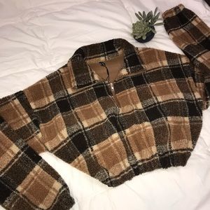 Plaid teddy cinched jacket